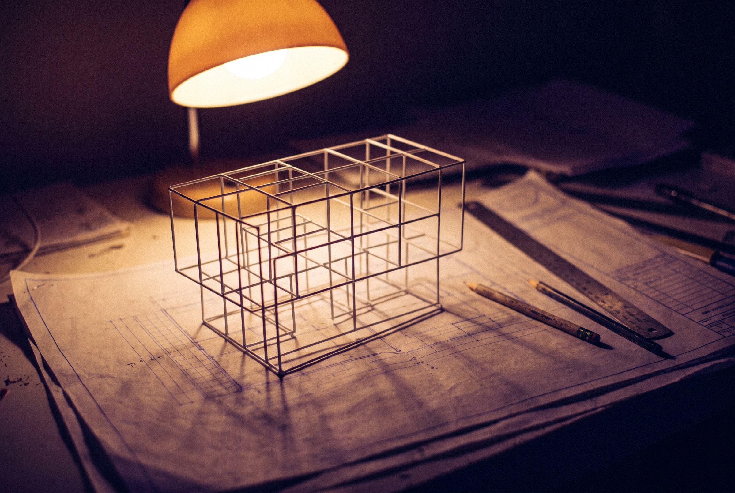 A wireframe architectural model on blueprint paper under an amber desk lamp